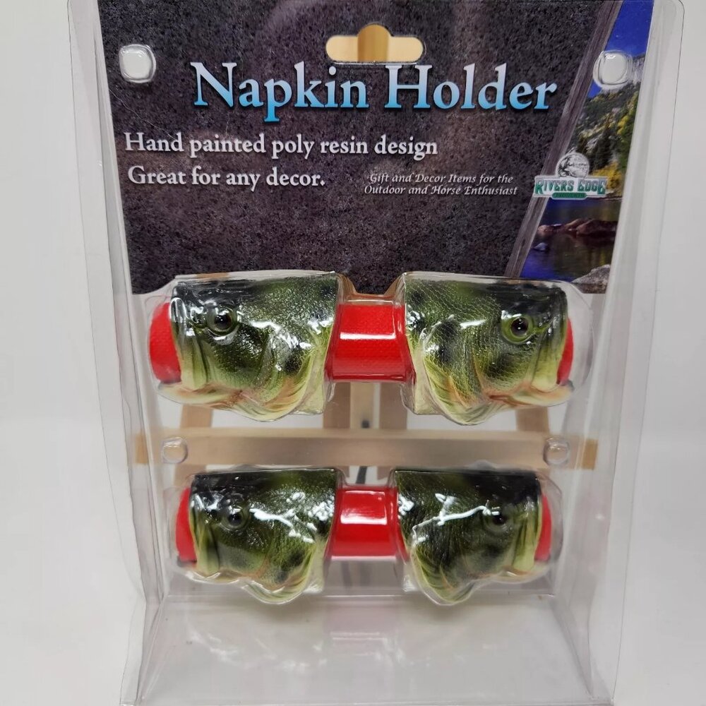 River's Edge handpained poly resin big mouth bass napkin holders set of 4 (K1)